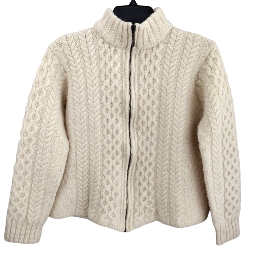 Inis Crafts Cream Wool Cable-Knit Mock-Neck Full-Zip Chunky Sweater Women Medium